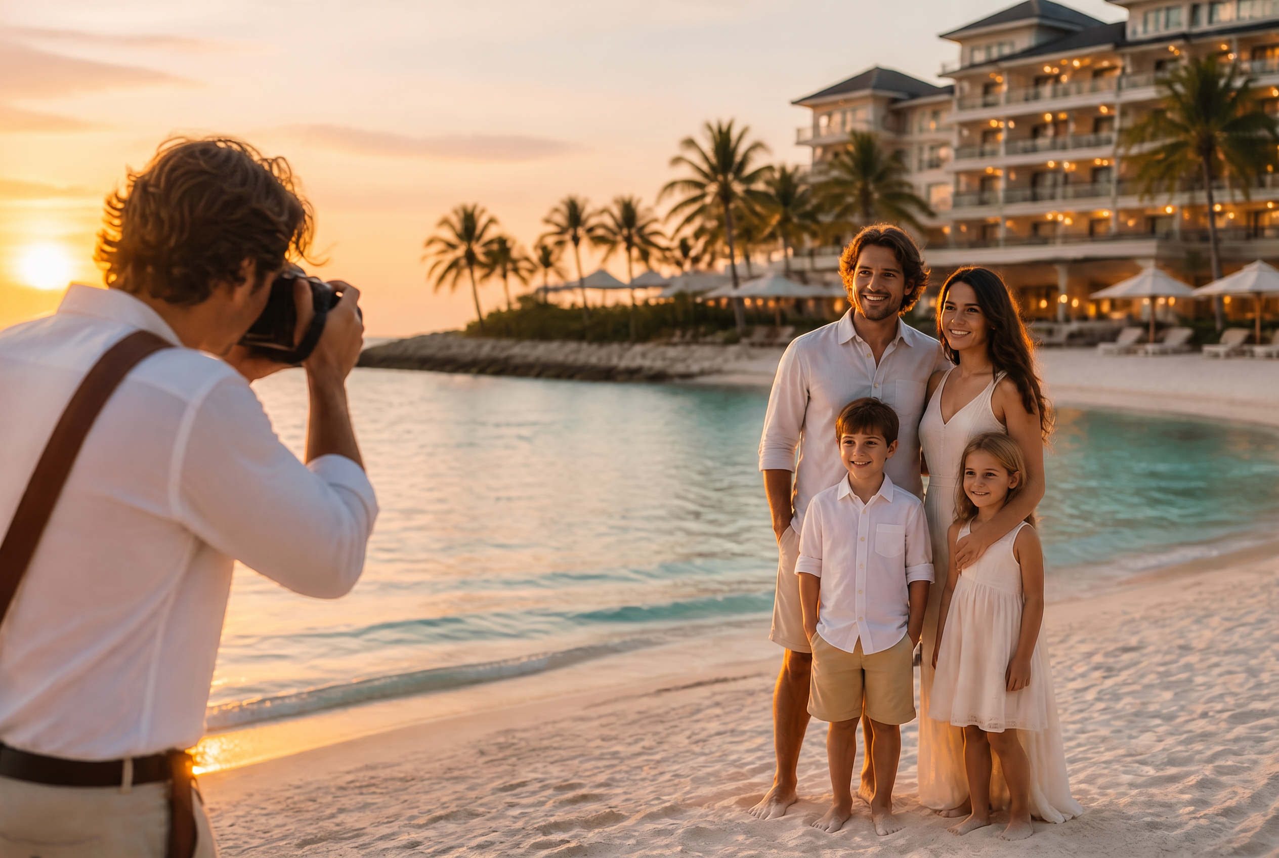 Photographer capturing a family on the beach at sunset outside a luxury resort
