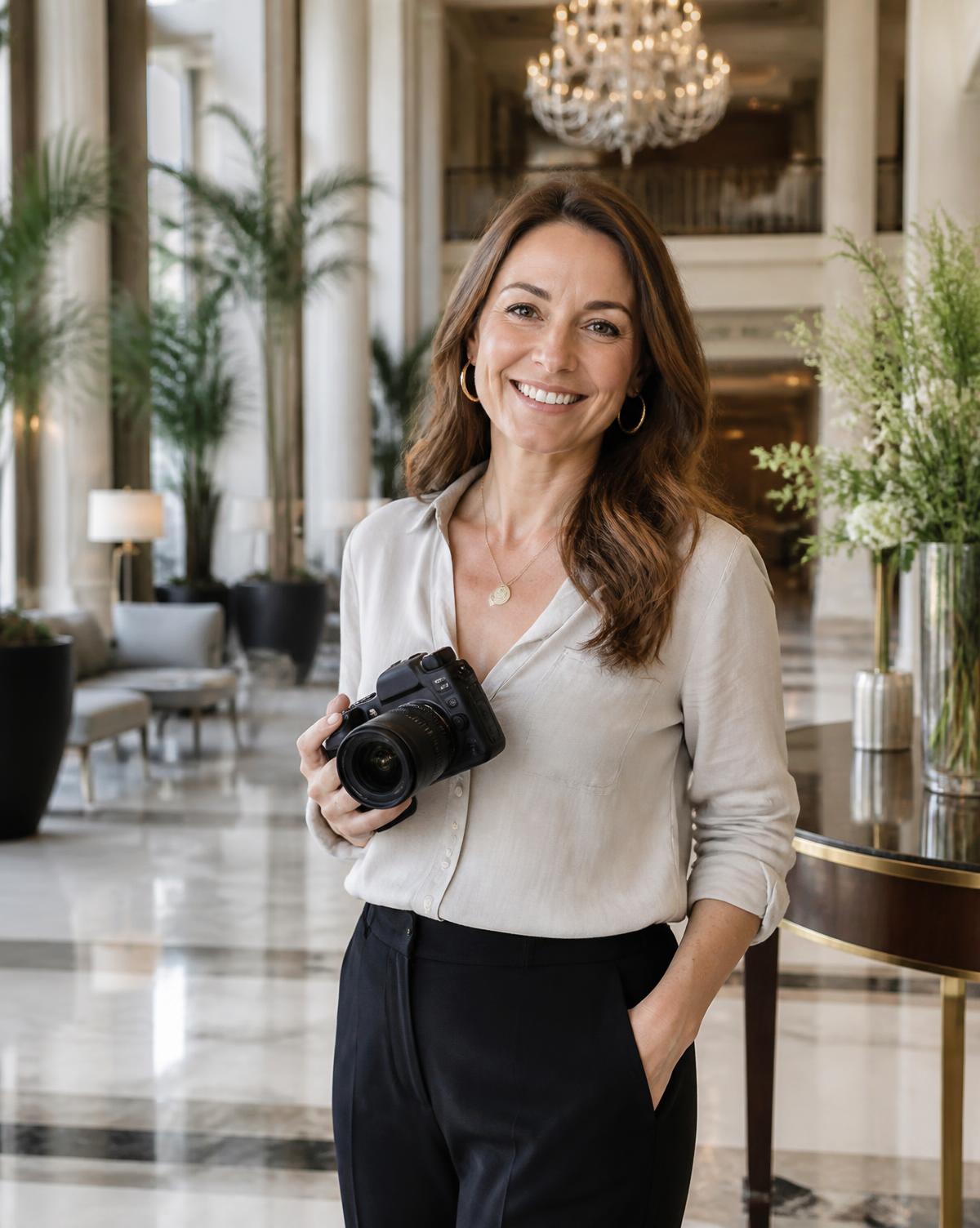 Franchise owner holding a camera in a luxury hotel lobby