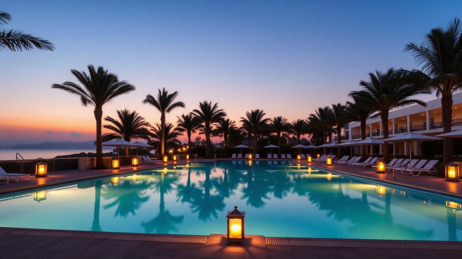 Luxury resort pool deck at dusk